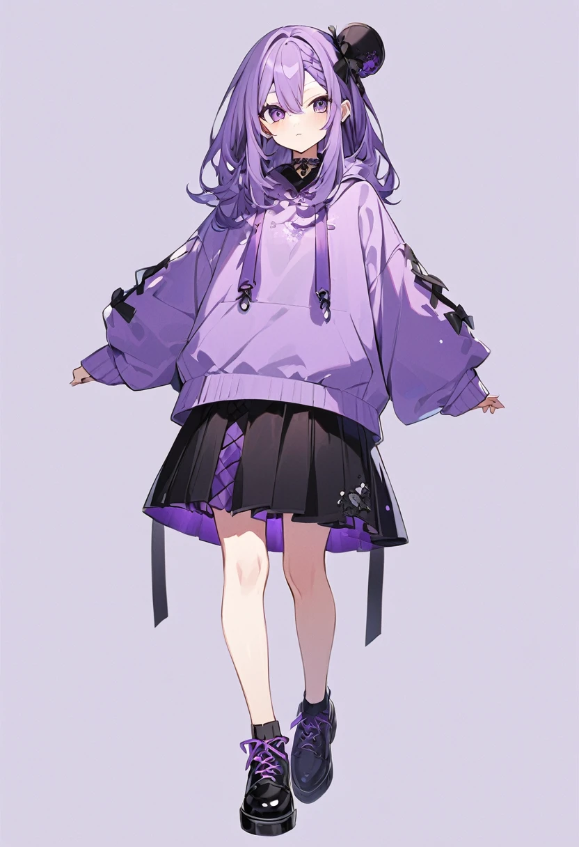 Keito。Purple Eyes。Purple Hair。Purple Skirt。Black shoes下。Black shoes。Purple hoodie