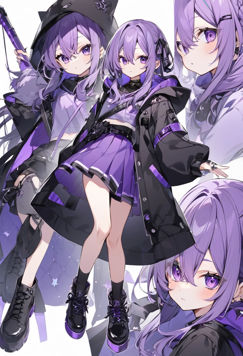Keito。Purple Eyes。Purple Hair。Purple Skirt。Black shoes下。Black shoes。Purple hoodie