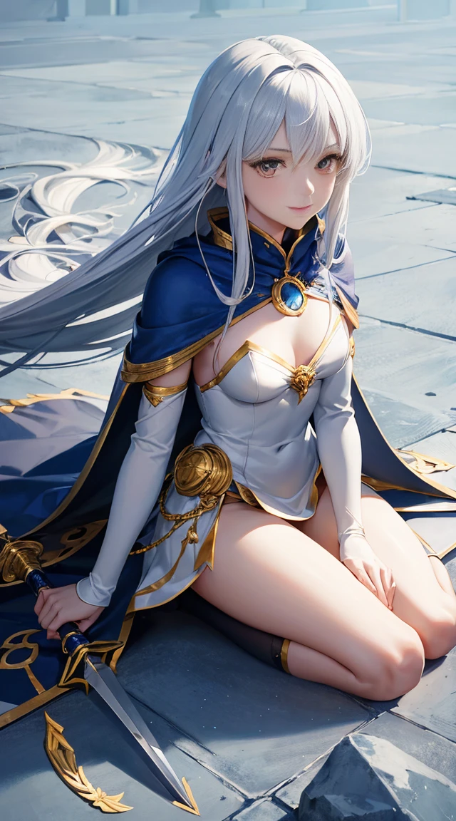 whole body, Silver Haired Girl, Golden Eyes, Angelic body and face, And a miniskirt with blue crystal armor, Wield a spear, Wear a cloak, shield, With gold ring, Sitting on the blue sky throne, White Seraphim Wings, evening, and dawn background scene, Magic circle with diamond stars, An innocent smile, Stable Diffusion v5, Anime Style V3, Lola Style v5, dynamic, Image Enhancement, Shape of a dream, Vibrant, Realistic Face, 32k resolution, Deluxe, Sharp focus, Highest quality, masterpiece, GhostMix, Flat Color, flat light.