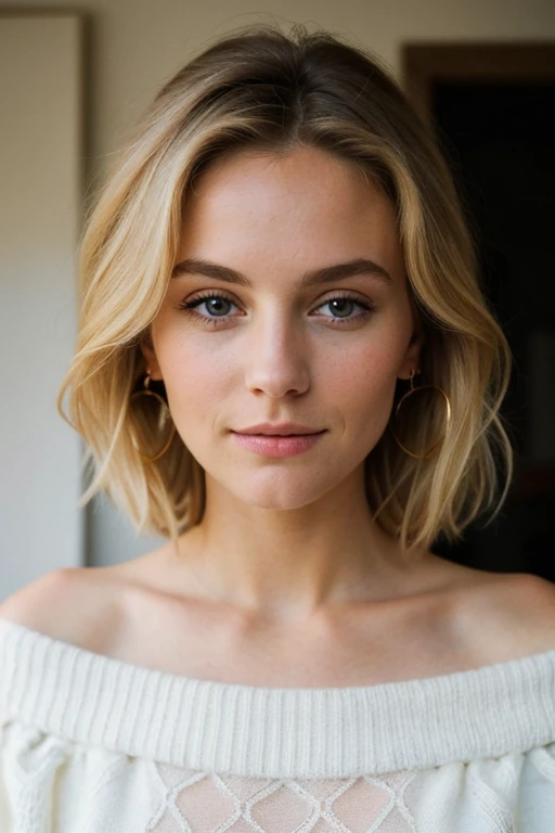 ((best quality)), ((masterpiece)), (detailed), 1girl, off-shoulder sweater, Créer un portrait, très joli d’une femme suédoise, blonde, cheveux longs, les yeux bleus, un piercing sur le nez, environ 25 ans, avec un effet très réaliste et naturel