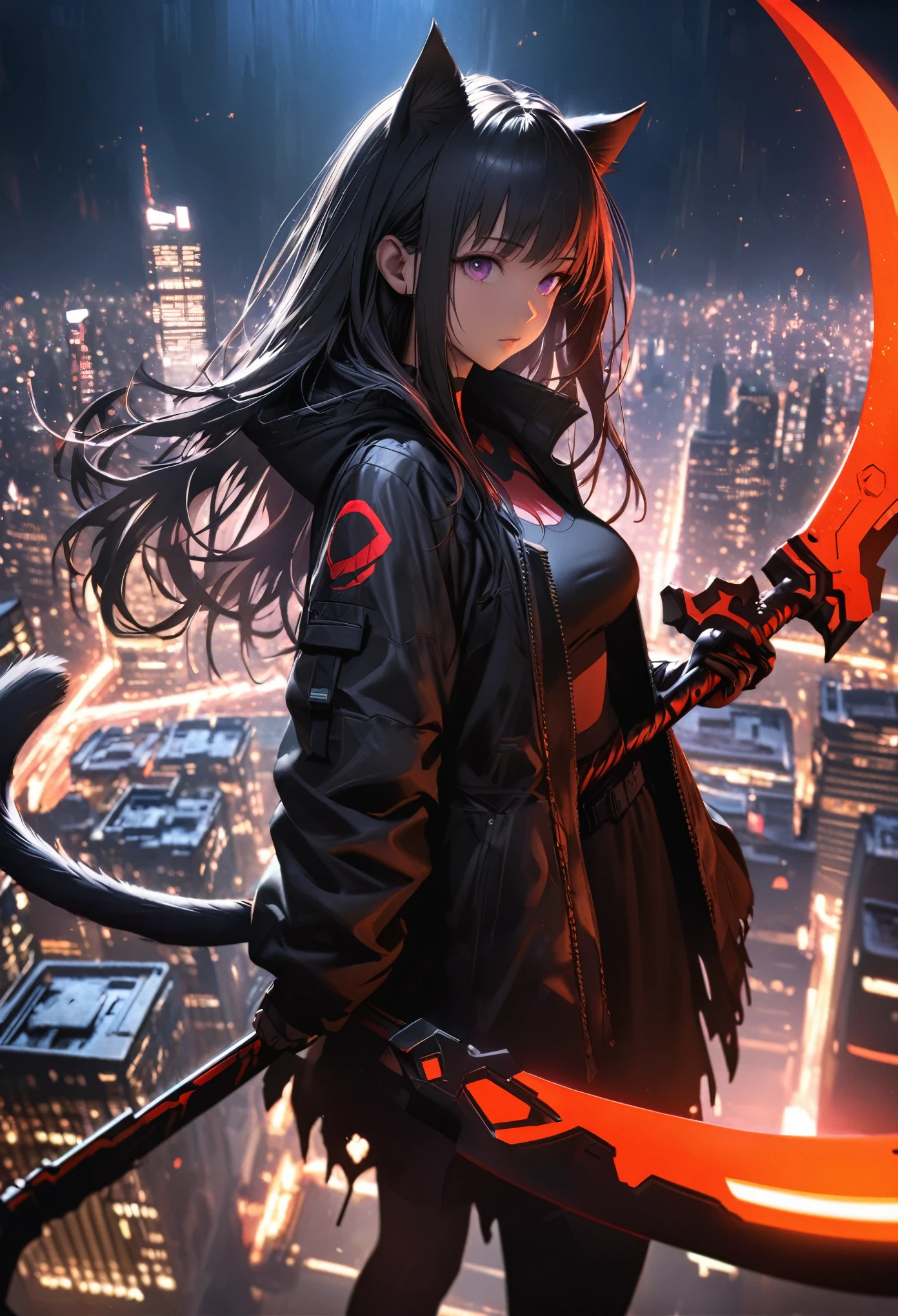 Detailed silhouette of a cyberpunk girl with cat ears and a tail, Flowing, Tattered coat, He wields a giant glowing red scythe with a mechanical tiger design on it., Stand on the glossy, Minimalist reflective surface, The background is a photorealistic cityscape, A big city with many skyscrapers, night, Background Blur