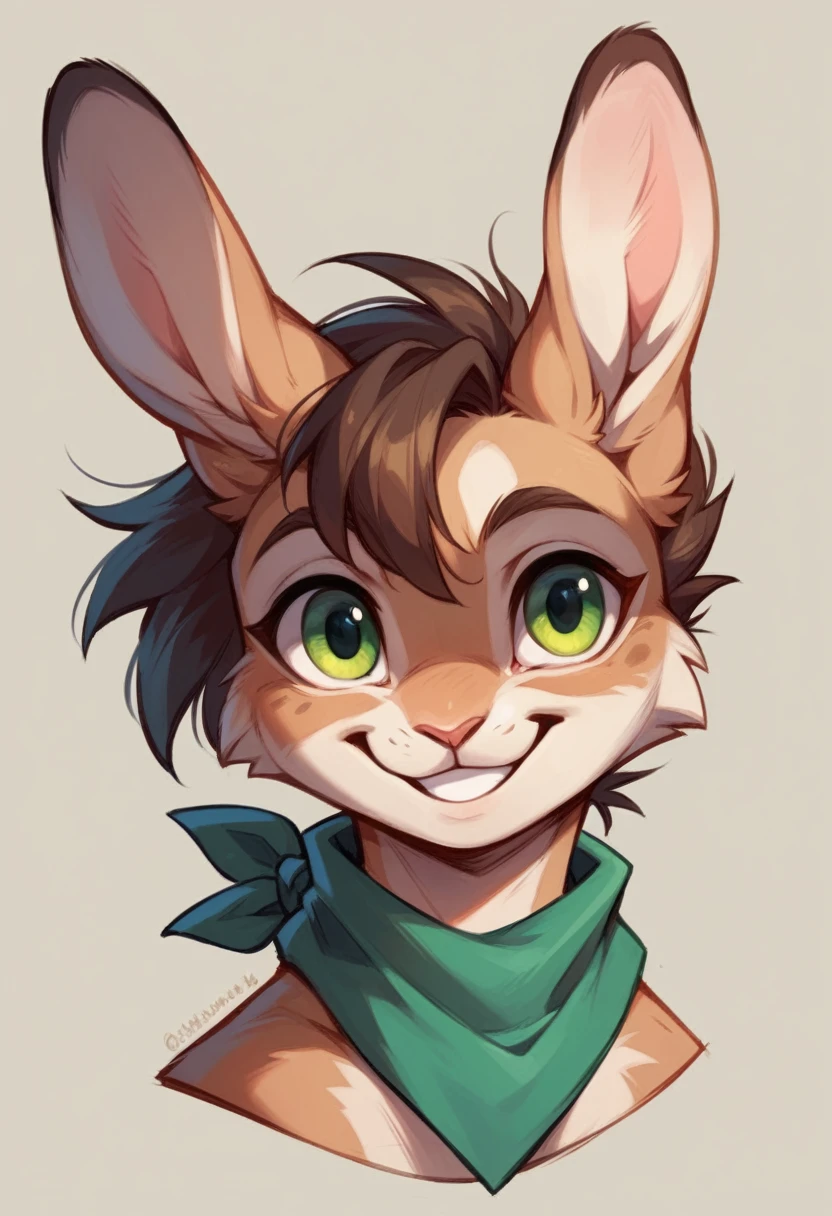 Hare, green, bandana, headshot, smile, green eyes,