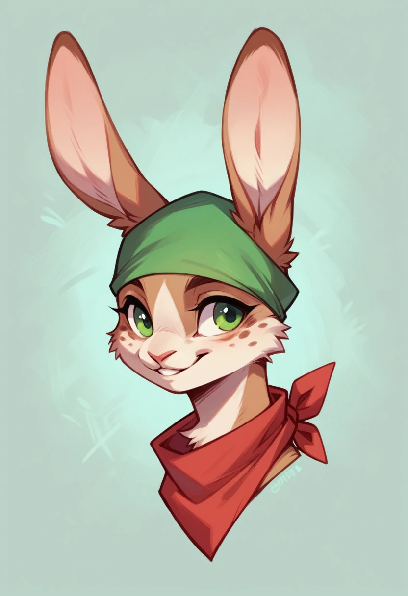 Hare, green, bandana, headshot, smile, green eyes,