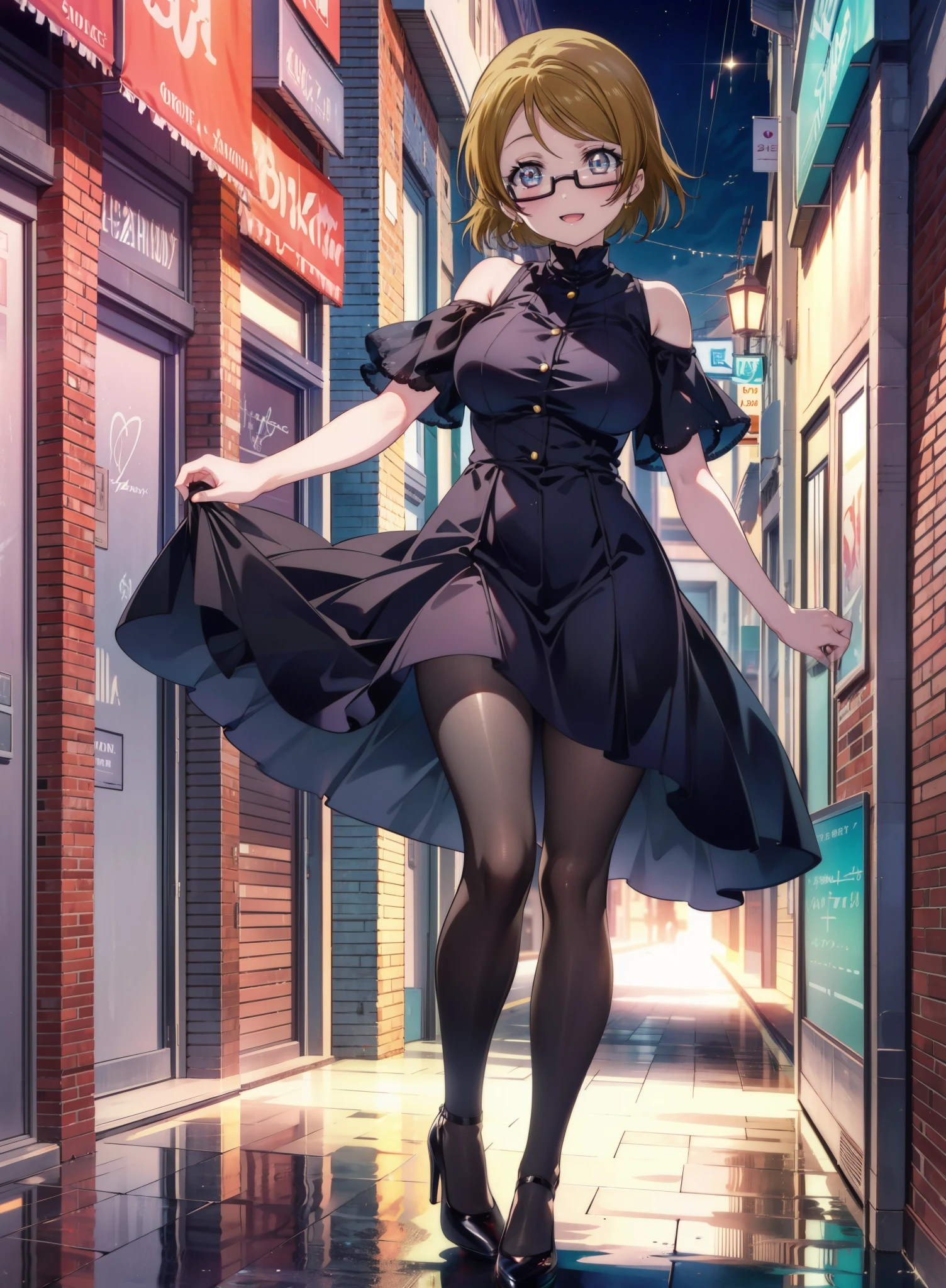 hanayo koizumi, hanayo　Koizumi, short hair, Brown Hair, Purple eyes,Big Breasts,Black-rimmed glasses,Cold Shoulder Shirt,Short sleeve,Long skirt,Black pantyhose,Stiletto heels,happy smile, smile, Open your mouth,まるでwhole bodyがイラストの中にいるかのように,Walking,
break looking at viewer, whole body,
break outdoors,Building district,
break (masterpiece:1.2), Highest quality, High resolution, unity 8k wallpaper, (shape:0.8), (Beautiful and beautiful eyes:1.6), Highly detailed face, Perfect lighting, Extremely detailed CG, (Perfect hands, Perfect Anatomy),
