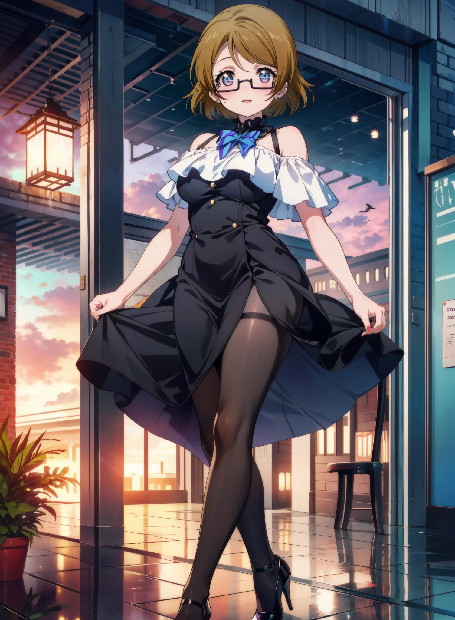 hanayo koizumi, hanayo　Koizumi, short hair, Brown Hair, Purple eyes,Big Breasts,Black-rimmed glasses,Cold Shoulder Shirt,Short sleeve,Long skirt,Black pantyhose,Stiletto heels,happy smile, smile, Open your mouth,まるでwhole bodyがイラストの中にいるかのように,Walking,
break looking at viewer, whole body,
break outdoors,Building district,
break (masterpiece:1.2), Highest quality, High resolution, unity 8k wallpaper, (shape:0.8), (Beautiful and beautiful eyes:1.6), Highly detailed face, Perfect lighting, Extremely detailed CG, (Perfect hands, Perfect Anatomy),
