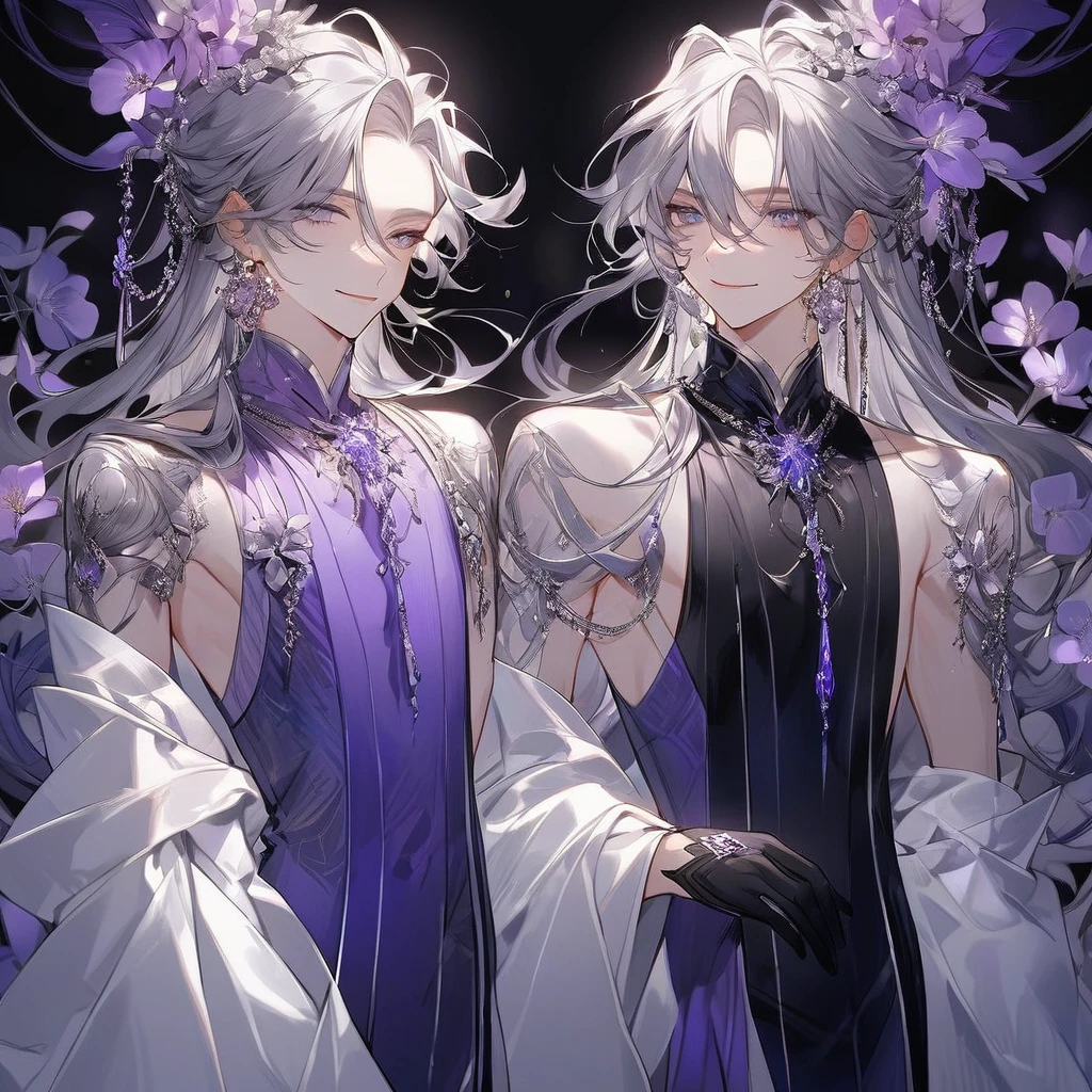 Feminine boy, beautiful soft facial features, smile, squinted siren dark blue eyes without glare, silver long loose hair with straight bang, fantasy black fit clothes with blue-purple elements, long black gloves, model, gorgeous, elegant, lots of silver jewelry, flowers in his hair, skinny body
