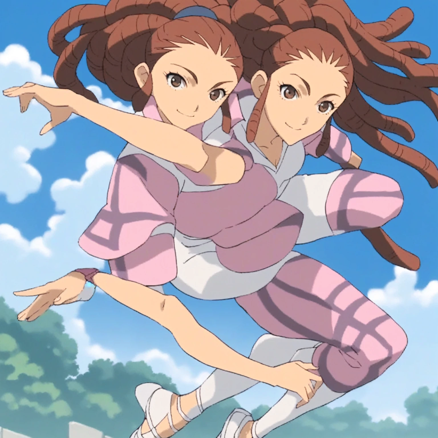 score_9, score_8_superior, score_7_superior, score_6_superior, score_5_superior, score_4_superior, sauce_anime, One girl, Mido Reika, Dreadlocks, Long Hair, High Ponytail, Brown eyes, Pause,, smile, View your viewers, 　Big Breasts　ballerina