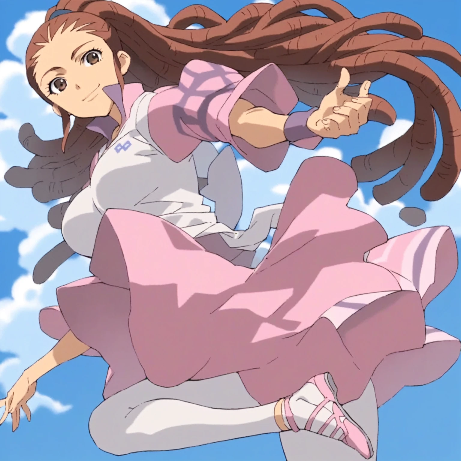 score_9, score_8_superior, score_7_superior, score_6_superior, score_5_superior, score_4_superior, sauce_anime, One girl, Mido Reika, Dreadlocks, Long Hair, High Ponytail, Brown eyes, Pause,, smile, View your viewers, 　Big Breasts　ballerina