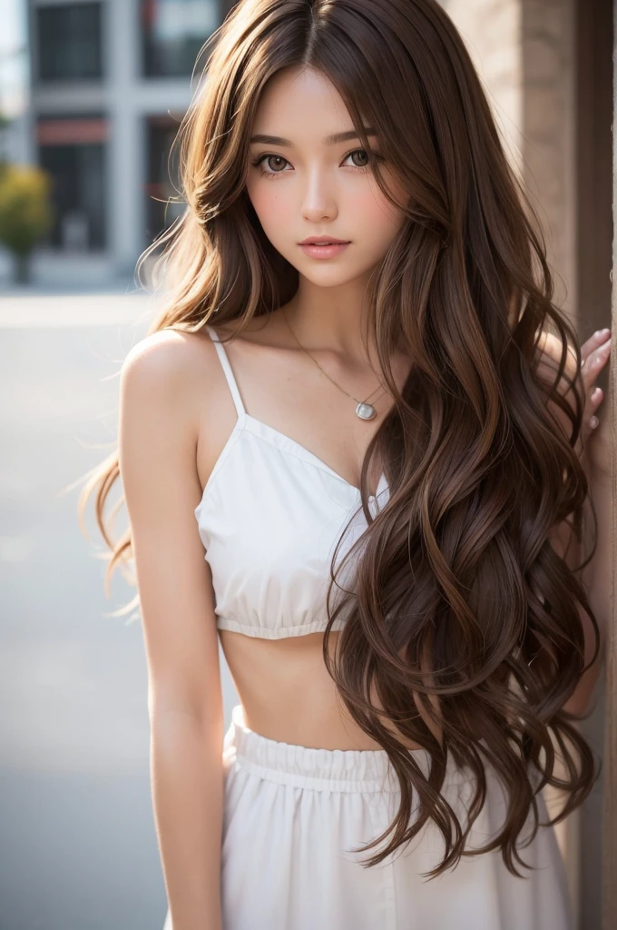 A light brunette with long, wavy brown hair and short cropped brown hair