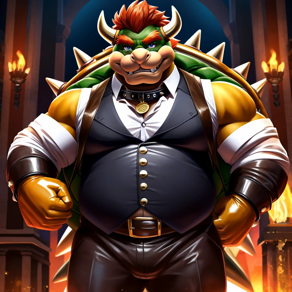 Solo, Male, fat, extremely obese, gentleman, dapper Professor Bowser, blue eyes, (posing:1.3), (soft shading), 4k, hi res, ((detailed face, detailed)), looking at viewer, evil grin, steampunk, collared shirt with buttons, top hat, male focus, Explorer Outfit, glasses, monocle, bag, vest with buttons, backpack, sleeves rolled up, round eyewear, brown headwear, brown vest, Bowser is wearing a glossy leather dog collar around the neck, Bowser is wearing the leather collar and shirt and vest at the same time, Bowser is wearing glossy white rubber gloves on the hands, wearing white rubber gloves on the feet, Bowser is wearing glossy white cuffs around the wrists with cufflinks, gloves are rubber in texture, clenching teeth, clenching fists, leather collar is glossy and shiny with a lot of detail, Bowser is wearing gloves and cuffs and cufflinks at the same time, leather collar has a round dog-tag, leather collar is thick and detailed.