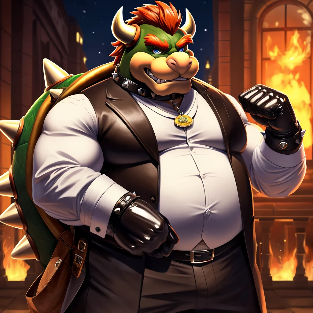 Solo, Male, fat, extremely obese, gentleman, dapper Professor Bowser, blue eyes, (posing:1.3), (soft shading), 4k, hi res, ((detailed face, detailed)), looking at viewer, evil grin, steampunk, collared shirt with buttons, top hat, male focus, Explorer Outfit, glasses, monocle, bag, vest with buttons, backpack, sleeves rolled up, round eyewear, brown headwear, brown vest, Bowser is wearing a glossy leather dog collar around the neck, Bowser is wearing the leather collar and shirt and vest at the same time, Bowser is wearing glossy white rubber gloves on the hands, wearing white rubber gloves on the feet, Bowser is wearing glossy white cuffs around the wrists with cufflinks, gloves are rubber in texture, clenching teeth, clenching fists, leather collar is glossy and shiny with a lot of detail, Bowser is wearing gloves and cuffs and cufflinks at the same time, leather collar has a round dog-tag, leather collar is thick and detailed.