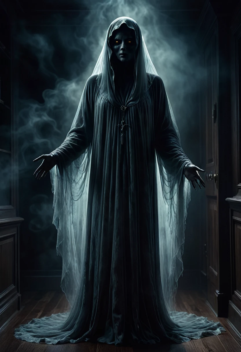 a ghostly apparition, a spirit of darkness, an evil supernatural entity, high quality 8k resolution, detailed and haunting, best quality, masterpiece, photorealistic, ultra-detailed, dramatic lighting, eerie atmosphere, dark moody colors, horror, dark fantasy
