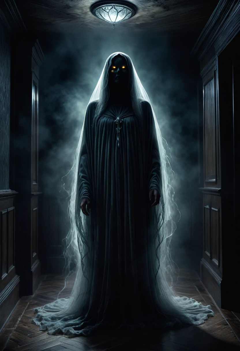 a ghostly apparition, a spirit of darkness, an evil supernatural entity, high quality 8k resolution, detailed and haunting, best quality, masterpiece, photorealistic, ultra-detailed, dramatic lighting, eerie atmosphere, dark moody colors, horror, dark fantasy