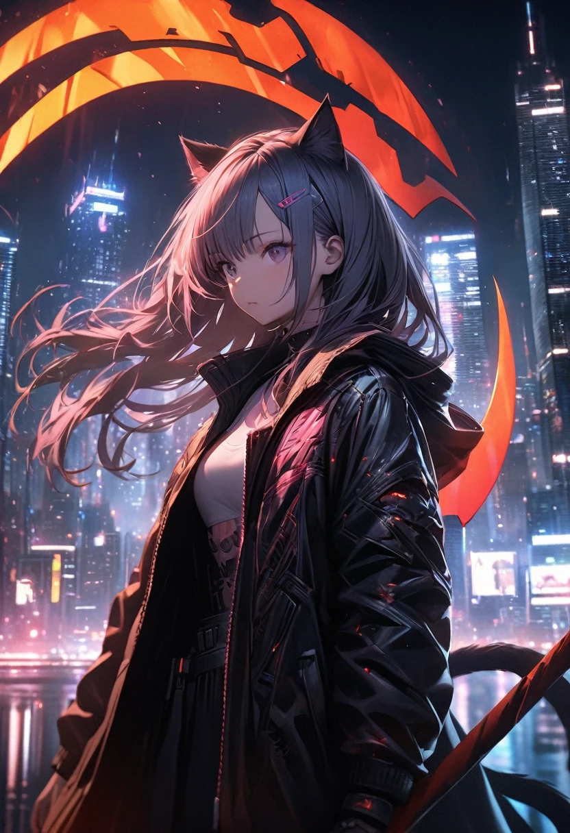 Detailed silhouette of a cyberpunk girl with cat ears and a tail, Flowing, Tattered coat, He wields a giant glowing red scythe with a mechanical tiger design on it., Stand on the glossy, Minimalist reflective surface, The background is a photorealistic cityscape, A big city with many skyscrapers, night, Background Blur