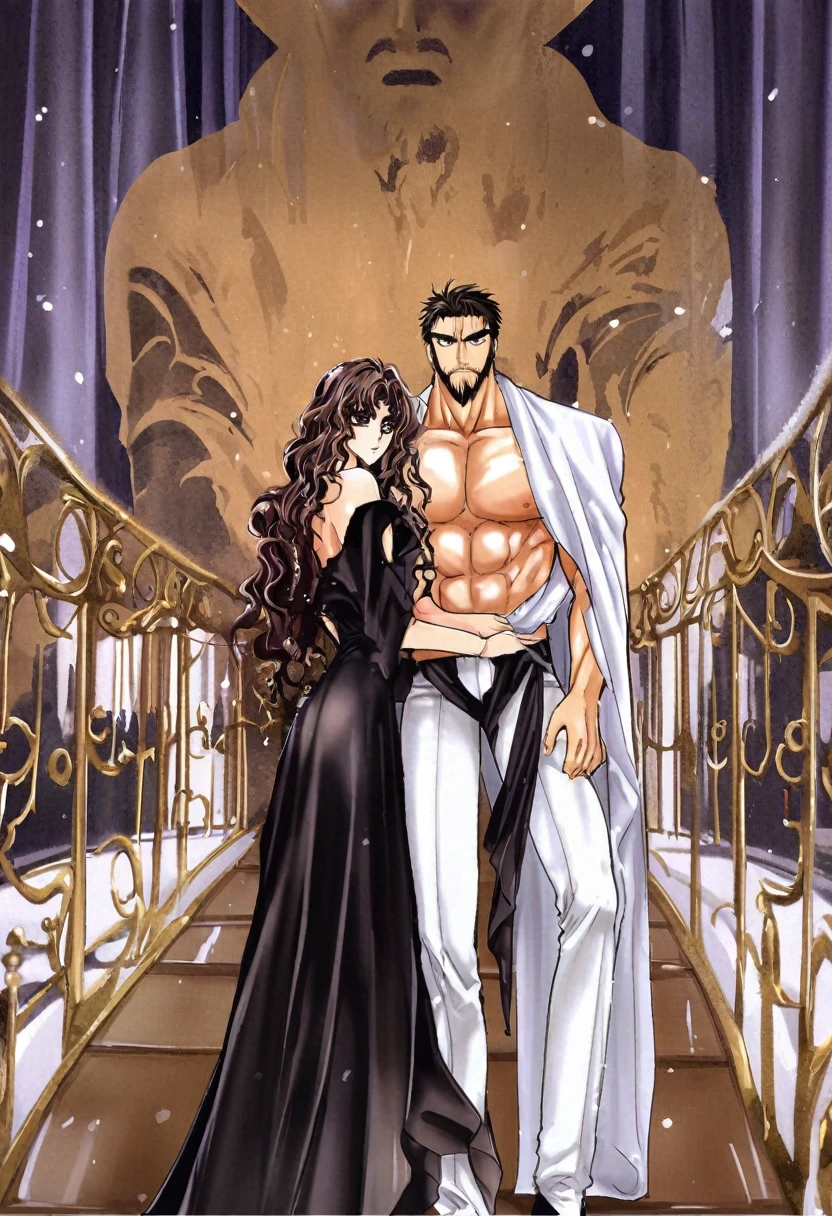 Elegant white and gold room.., 1 chico, brown beard, muscular, shirtless , white pants , black overlay , dark brown wavy hair , Dark brown eyes