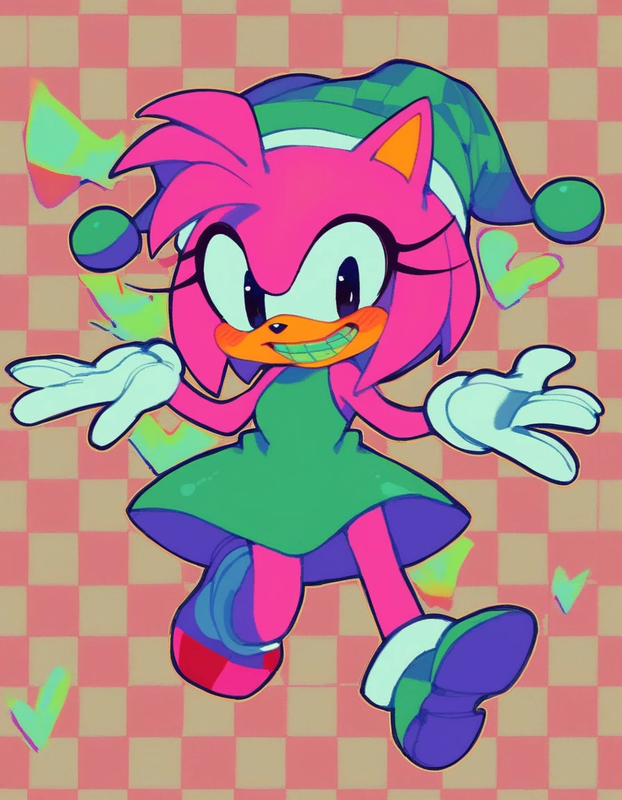 rosy_alt, solo, white gloves, 1girl, hat, full body, female focus, heart on dress, checkered background, pink jester cap, furry, hedgehog, pink fur, two tone fur, crazy black eyes, green headband, pink cheeks, blood on face, green and red sided jester dress, green skirt, red jester shoes, source, white painted face, amy_rose_(classic), huge yellow teeth, desaturated fur, black eyes