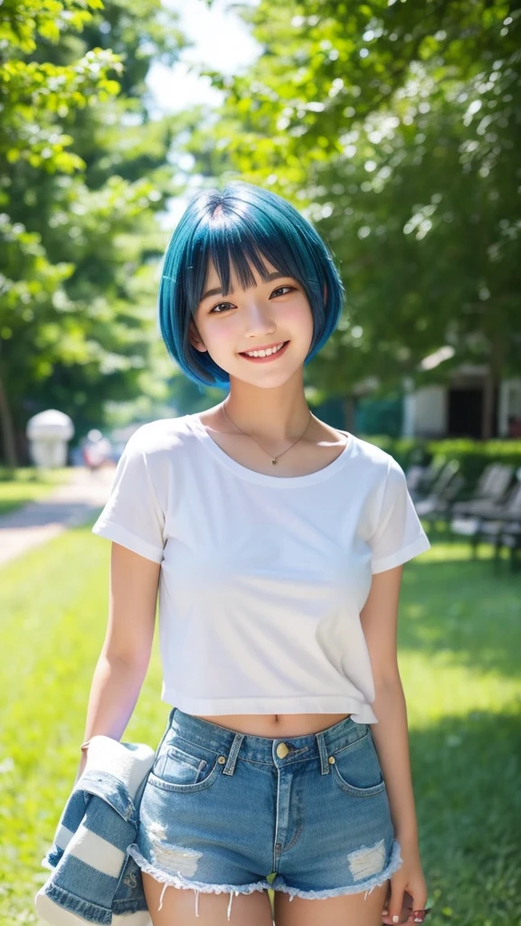 A girl with short blue hair is smiling under the summer sun. She is wearing a casual white T-shirt and denim shorts, giving off a cheerful and bright impression. In the background, the blue sky and green trees contrast beautifully with the color of her hair.