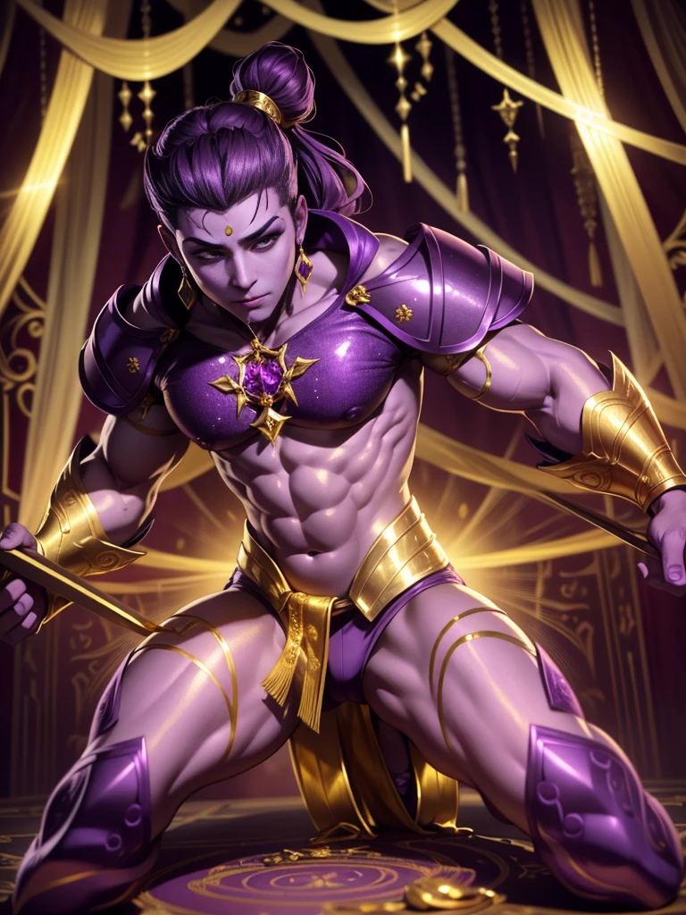 The whole face is full of gold and purple interweaving,There are many gorgeous carvings all over the body,Let them coexist,This can also be done around the eyes. The entire surface should be transparent purple and gold,No other colors.,Does not contain any other colors.,Amethyst and gold veins are transparent,There should be a lot of crystal effects like transparent crystal,Add some gold thread for decoration。The color changes to purple and gold,Some purple and gold(Ensure its layering and armor texture,Purple is the main color,Add some gold for decoration)