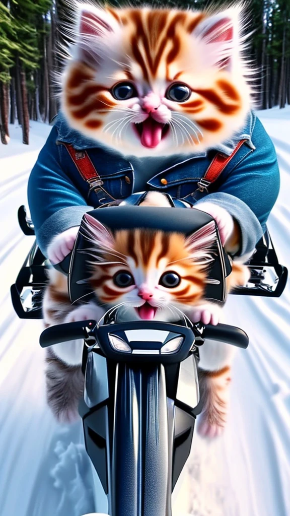 White, chubby kitten, wearing denim shorts, excitedly riding snowmobile, wide angle lens shot, cinematic, high details
