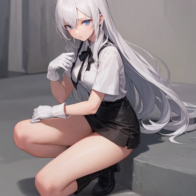 girl, blue eyes, White hair, short sleeve white shirt, white gloves, short black skirt, long black boots, expressionless look, Long black tie,(number "1" in the left eye).