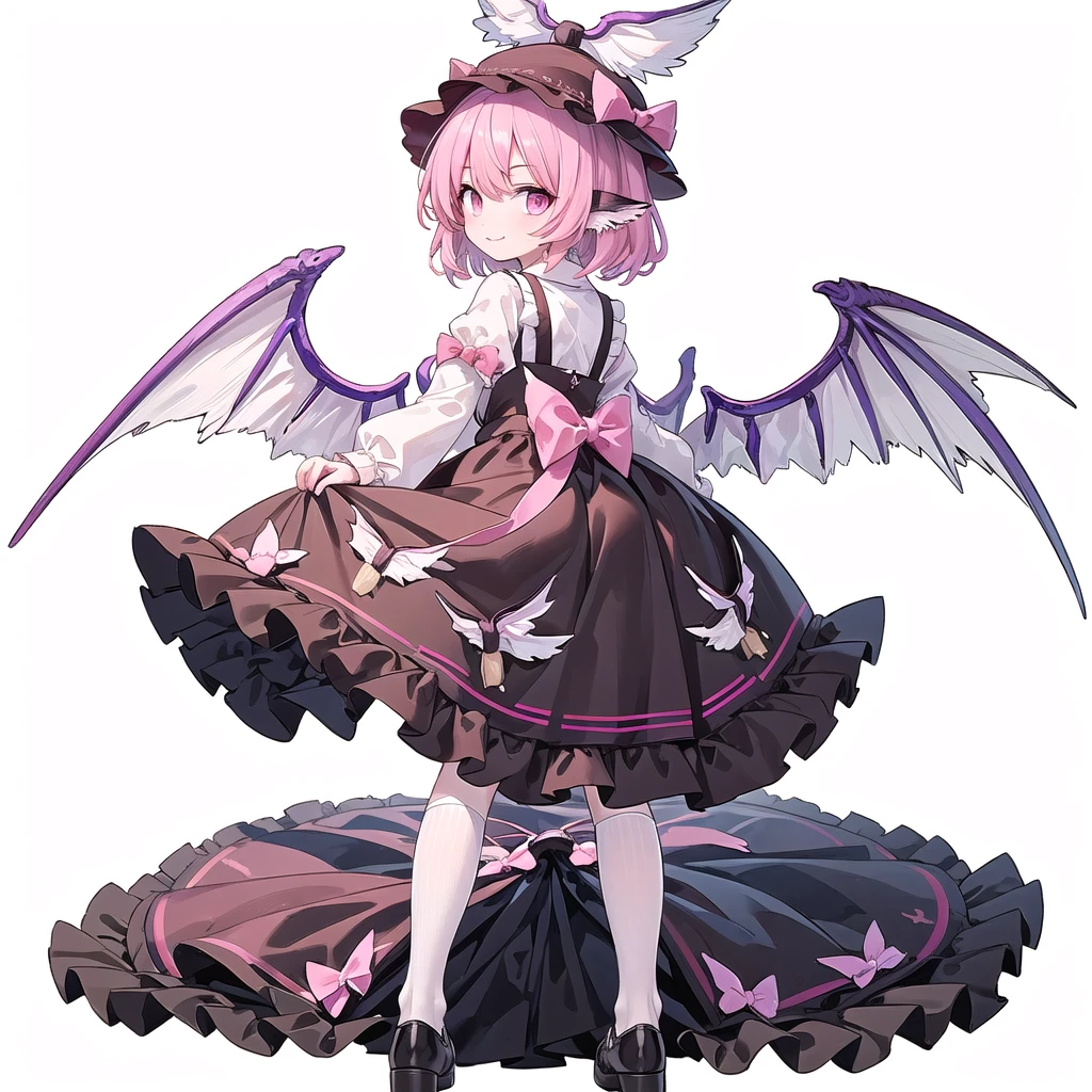  (((one girl))),(((mystia lorelei))),(((touhou))),(((short hair,pink hair))),(((pink eyes))),(((very small bird wings))),(((brown headwear, hat))),(((brown dress,pinafore dress,white shirt,collared shirt,dress bow,pink bow,long sleeves,frilled sleeves,kneehighs,black footwear,winged hat))),(((smile))),(((full body))),(((leaning forward))),(((looking at viewer))),(((simple white background))),(((from behind)))
