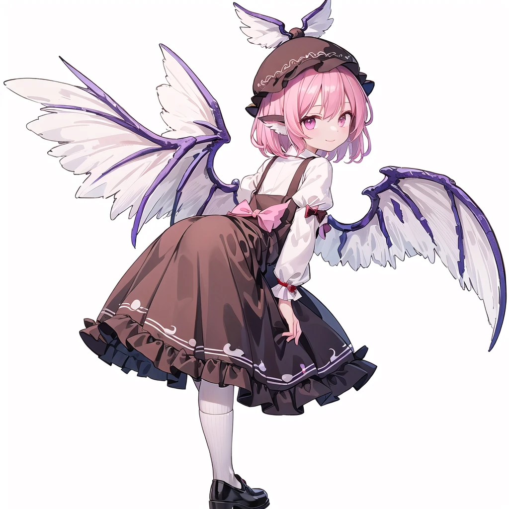 (((one girl))),(((mystia lorelei))),(((touhou))),(((short hair,pink hair))),(((pink eyes))),(((very small bird wings))),(((brown headwear, hat))),(((brown dress,pinafore dress,white shirt,collared shirt,dress bow,pink bow,long sleeves,frilled sleeves,kneehighs,black footwear,winged hat))),(((smile))),(((full body))),(((leaning forward))),(((looking at viewer))),(((simple white background))),(((from behind)))