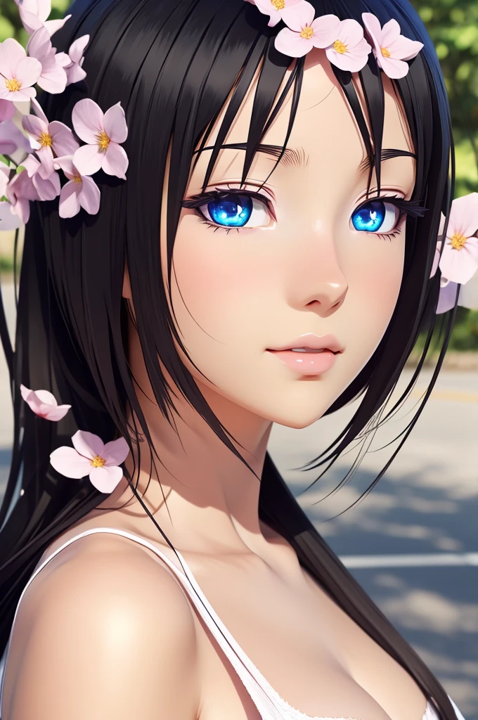 anime girl, realistic shadows, detailed skin, very small breasts, black hair, very detailed, 8k highly detailed face, perfect face shape, full perfect lips, perfect nose, correct beautiful eyes, watching viewer, white shirt, hair flowers, masterpiece, best quality, single girl, no bra, no panty, solo