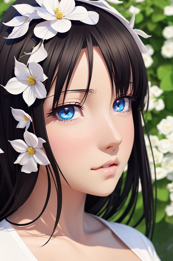  anime girl, realistic shadows, detailed skin, very small breasts, black hair, very detailed, 8k highly detailed face, perfect face shape, full perfect lips, perfect nose, correct beautiful eyes, watching viewer, white shirt, hair flowers, masterpiece, best quality, single girl, no bra, no panty, solo