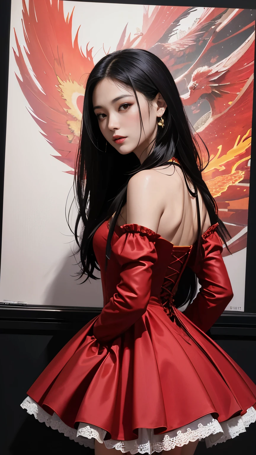 (非常にdetailedな 8k 壁紙)、 1 地獄から来た美しきdevilの女, In the Dark: 1.6), デイヴィッド・ホックニーとアルフォンス・ミュシャによるシュールな女性のPortraiture, Fantasyアート, Korean Doll, フォトrealism, Dynamic Lighting, Art Station, Poster, Volumetric lighting, 非常にdetailedな顔, 8K Ultra, Awards, In the Dark, Deep Shadow, Moderate, Cowboy Lens, (Red Phoenix Dress: 1.4), Long Hair, Black Hair, bust, Luxury Palace, Royal Style, devil'Crown, The red eye makeup is very sharp and detailed, The most beautiful face, Large breasts and normal breasts, Ultra-realistic, Chinese women'clothing, Polo neck sweater, Cute Smile, The eyes are nicely made up, Gweitz, devilスタイル, Wearing black mesh socks, Ponytail with ribbon tied at the back, red and black lips, 肩にdevilのタトゥー, Dressed in a pale red and black robe, Lightning makes visibility cloudy., (Portraiture), Close-up of the main character, (背景detailed 1.8),devilの魔術師が火を操るアニメシーンの全身ポートレート写真, Burning chains around her, Captivating body,Tall body, Mature Body, Big Breasts, break burning aura, fireball, オレンジと黄colorの輝きが周囲を輝かせる, A small phoenix is flying in the background, lava on the ground, magma, break,detailed,Realistic,4K の非常にdetailedなデジタルアート,Octane Rendering, Bioluminescent, break 8K resolution concept art, realism,Mappa Studio,masterpiece,Highest quality,Official Art,figure,Clear lines,(nice_color),Perfect composition,Absurd, Fantasy,Concentration,Three-part method