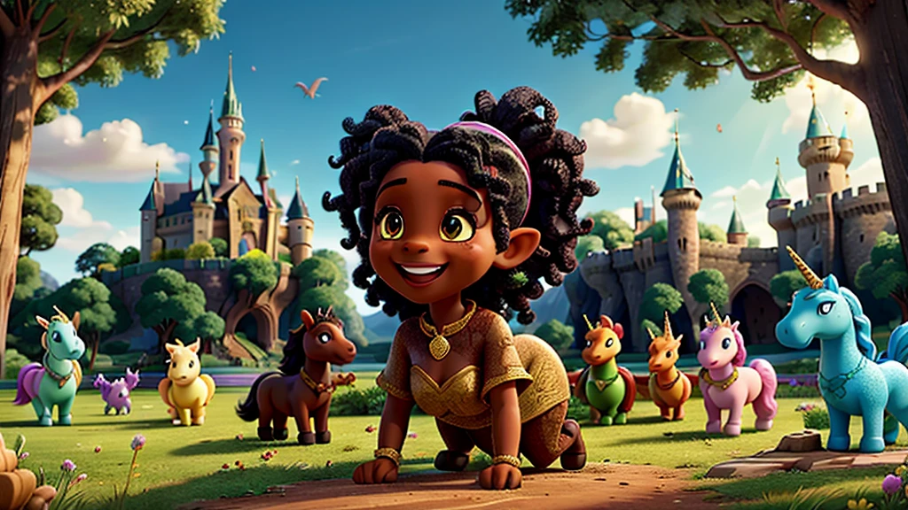 An image of a happy black woman, who lives in an Enchanted Valley, in the image she is surrounded by 6 magical creatures, 1 battle, 1 unicorn, 1 elf, 1 dragon, and 2 friends. in the background a large and majestic tree, a kingdom with a castle made of shining crystal.