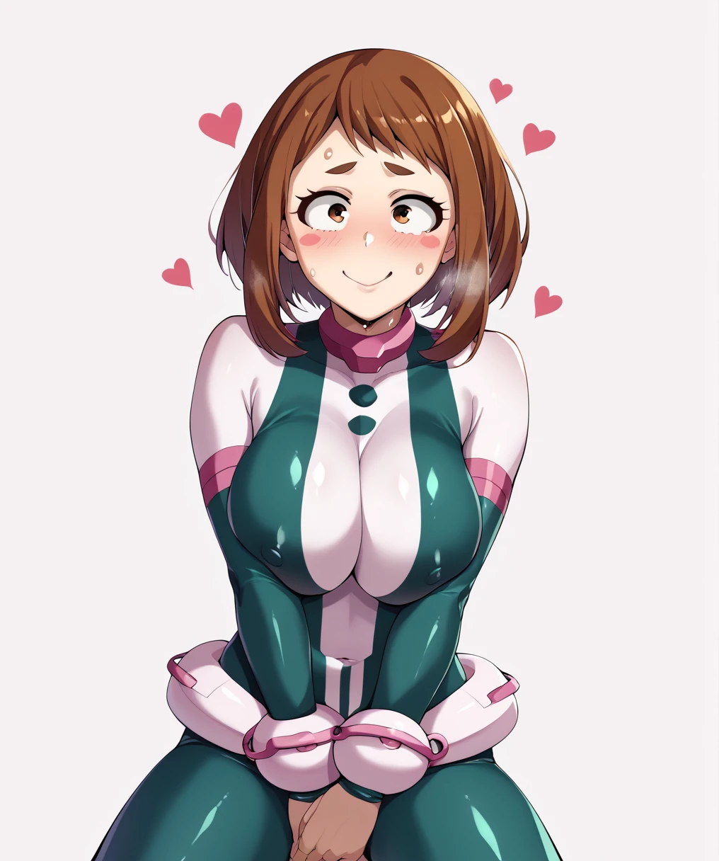 Ochako Uraraka, brown eyes, brown hair, short hair, blush, blush stickers,bodysuit, skin tight, superhero,、ahegao、smile、Ultra-detailed illustrations、Ultra-precise expression、masterpiece、Highest quality、ultra High resolution、High resolution、Hiromitsu Takeda Style、White background、Simple Background、whole body、One girl、solo、White Breath、Sweat、Glowing Skin、shiny skin、Front angle、View your viewers、stand、Big Breasts、Heart Accessories、