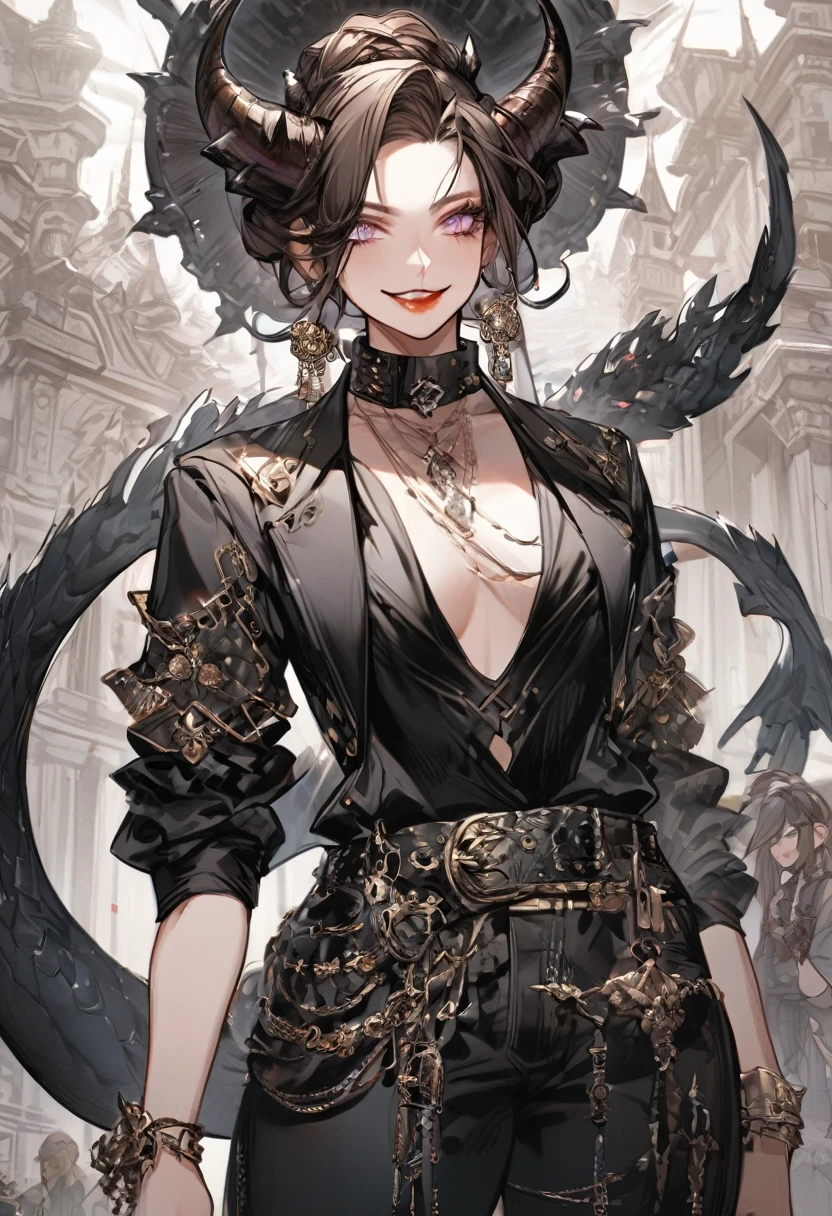 Tall woman, cheeky mad smile, brunette, hair gathered in a low bun, black clothes with open chest, purple eyes, dragon tail and horns, belts, pants, many details, light lipstick