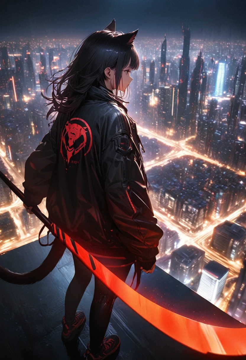 Detailed silhouette of a cyberpunk girl with cat ears and a tail, Flowing, Tattered coat, He wields a giant glowing red scythe with a mechanical tiger design on it., Stand on the glossy, Minimalist reflective surface, The background is a photorealistic cityscape, A big city with many skyscrapers, night, Background Blur