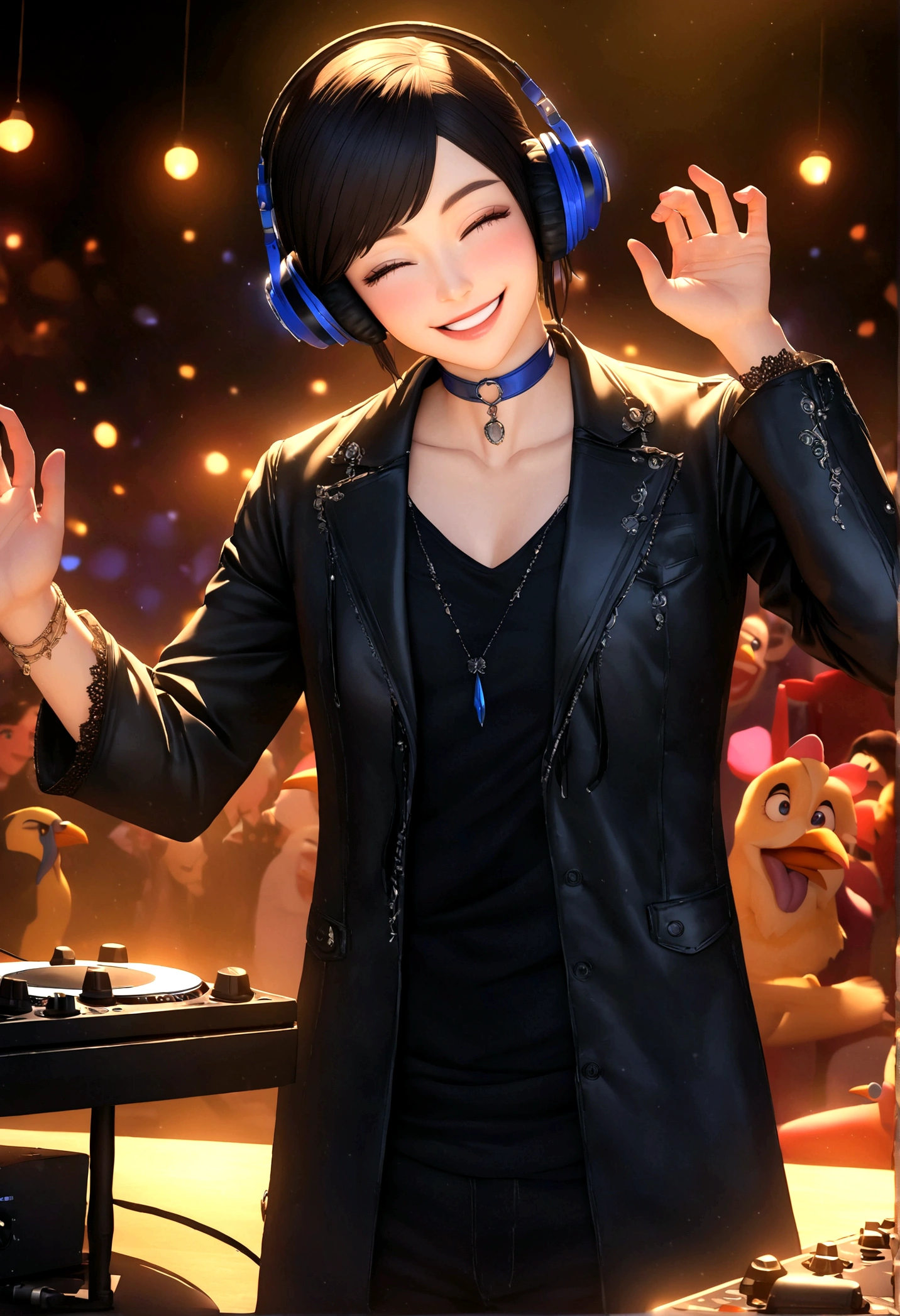 Carolina, one with a white, flushed face and a wide smile, eyes closed, he is standing with his dj device and headphones in his ears enjoying music in a club. O cabelo dela, it&#39;s blue, short with bangs and beak and eyes expressive of happiness . wear black clothes, ear rings and choker, gothic boots on feet. Carolina writes lively and enchanting songs adding a touch of euphoria to the scene. Esta imagem hiper-realista, 8K Ultra HD rendering, features Pixar-style and Disney-style details