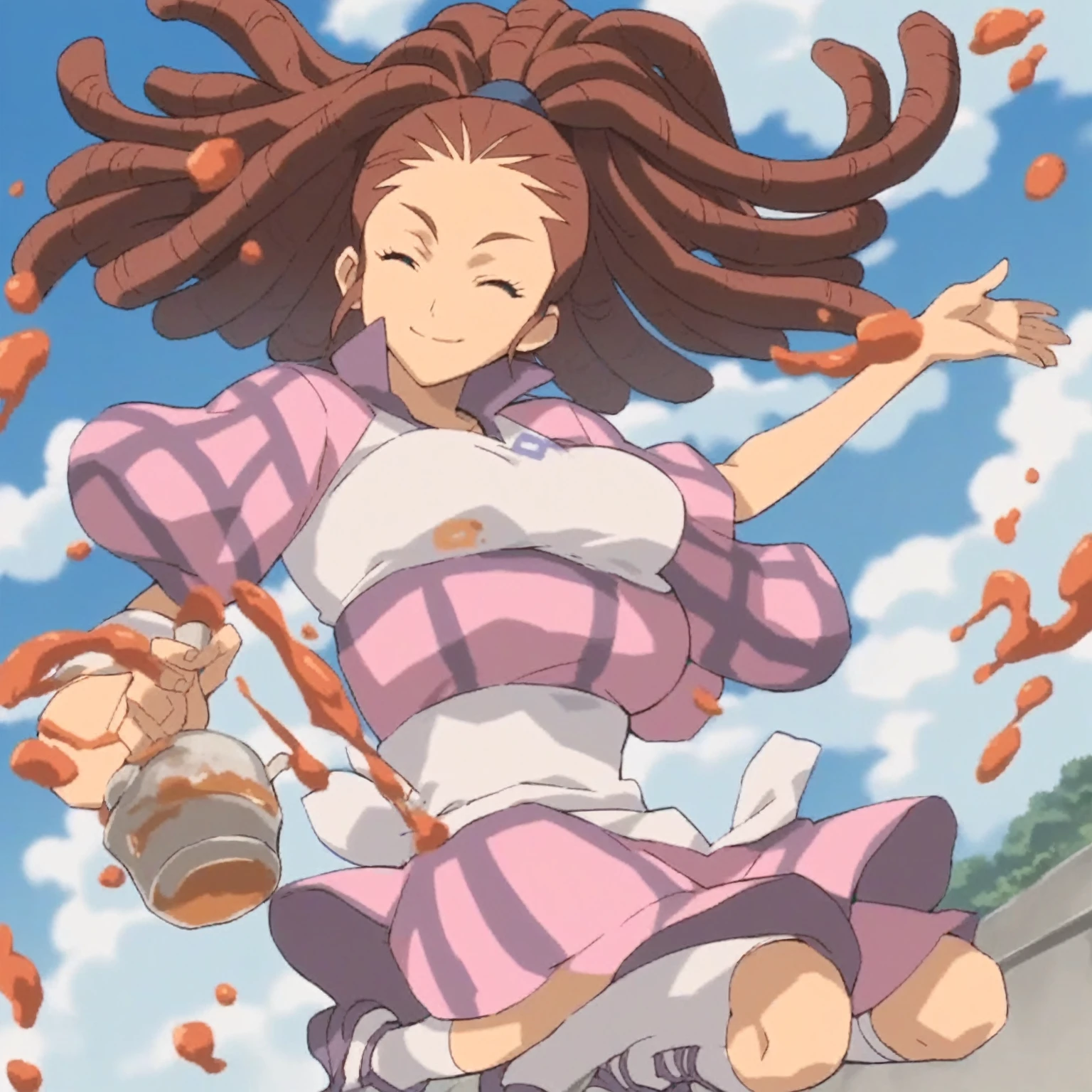 score_9, score_8_superior, score_7_superior, score_6_superior, score_5_superior, score_4_superior, sauce_anime, One girl, Mido Reika, Dreadlocks, Long Hair, High Ponytail, Brown eyes, Pause,, smile, View your viewers, 　Big Breasts　ballerina