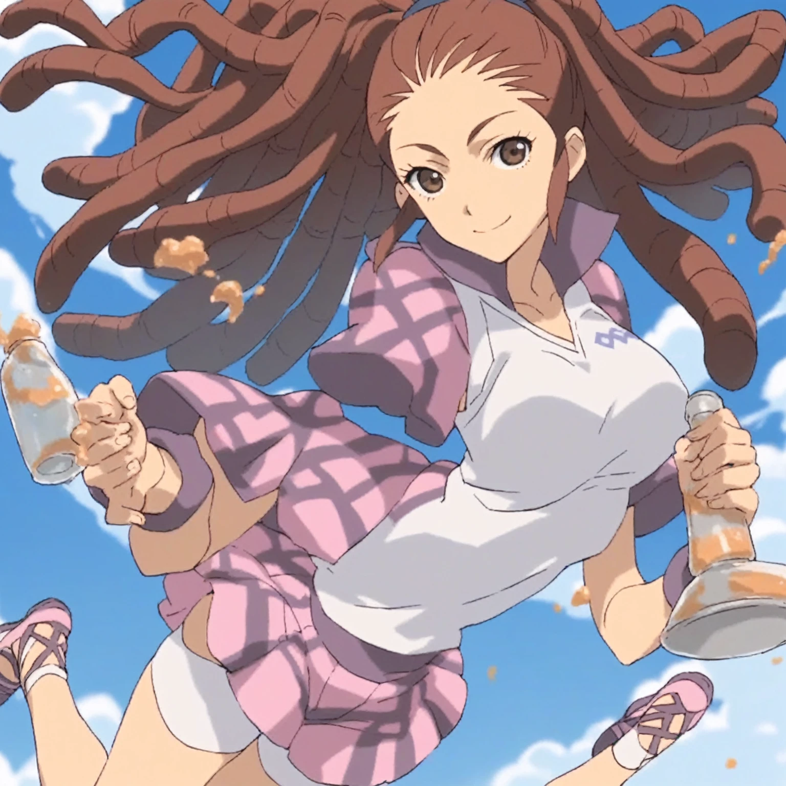 score_9, score_8_superior, score_7_superior, score_6_superior, score_5_superior, score_4_superior, sauce_anime, One girl, Mido Reika, Dreadlocks, Long Hair, High Ponytail, Brown eyes, Pause,, smile, View your viewers, 　Big Breasts　ballerina