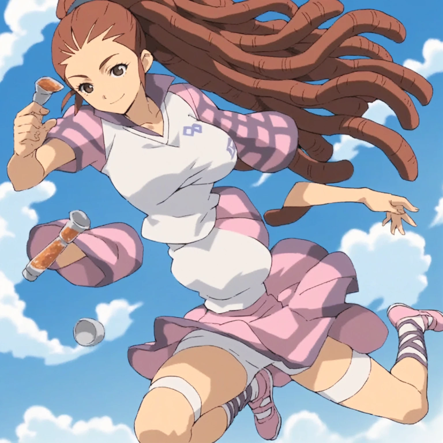 score_9, score_8_superior, score_7_superior, score_6_superior, score_5_superior, score_4_superior, sauce_anime, One girl, Mido Reika, Dreadlocks, Long Hair, High Ponytail, Brown eyes, Pause,, smile, View your viewers, Big Breasts ballerina