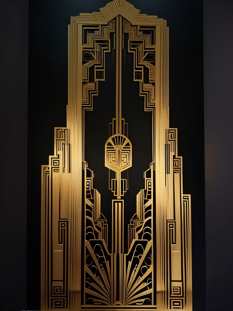 Black wall with golden artdeco details. With lots of ladybugs