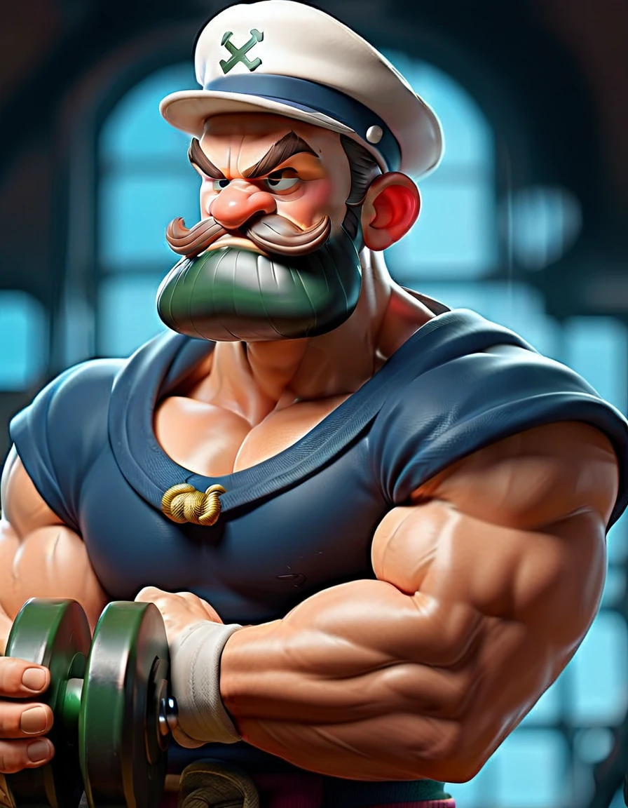Sailor Popeye faithful to the work, lifting a big dumbbell as a bodybuilding athlete, highlighting your chin and forearm, your muscles well defined, Symmetrical, not exaggerated, harmonic, classic sailor look with pipe, black beard. with a powerful expression, Determined, force. The background of the image with elements of the work such as spinach, pipe and a gym, like weights, dumbbells, training equipment. With an intense atmosphere. Essence "badass" 