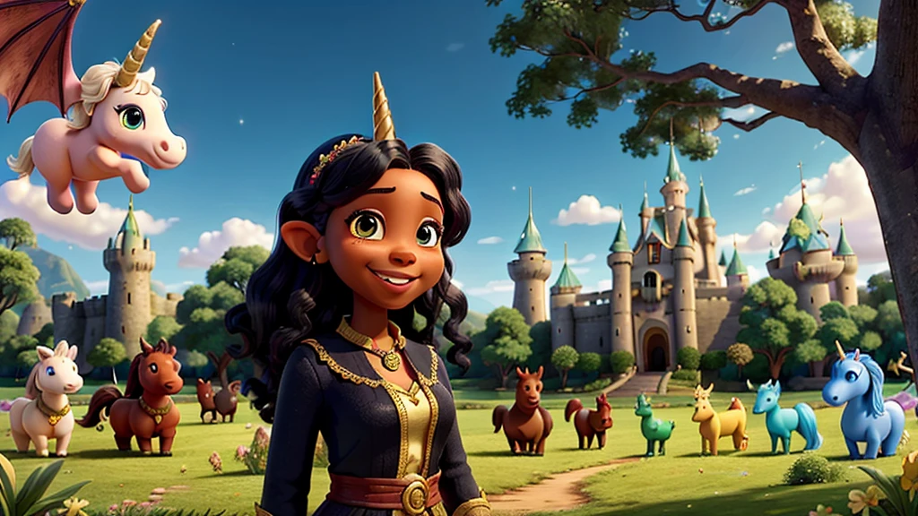 An image of a happy black woman, who lives in an Enchanted Valley, in the image she is surrounded by 6 magical creatures, 1 battle, 1 unicorn, 1 elf, 1 dragon, and 2 friends. in the background a large and majestic tree, a kingdom with a castle made of shining crystal