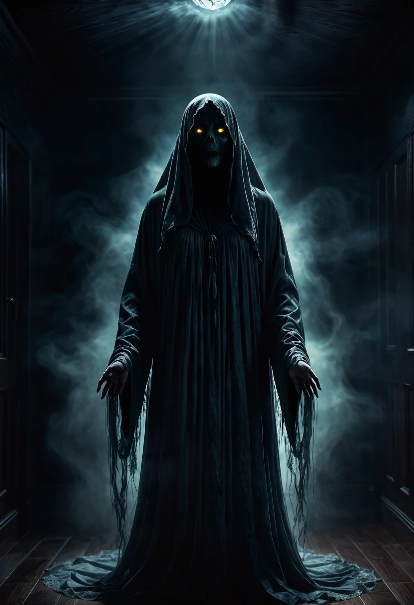 a ghostly apparition, a spirit of darkness, an evil supernatural entity, high quality 8k resolution, detailed and haunting, best quality, masterpiece, photorealistic, ultra-detailed, dramatic lighting, eerie atmosphere, dark moody colors, horror, dark fantasy