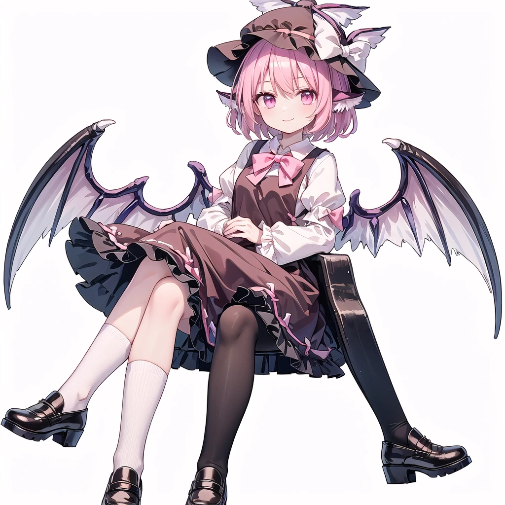  (((one girl))),(((mystia lorelei))),(((touhou))),(((short hair,pink hair))),(((pink eyes))),(((very small bird wings))),(((brown headwear, hat))),(((brown dress,pinafore dress,white shirt,collared shirt,dress bow,pink bow,long sleeves,frilled sleeves,kneehighs,black footwear,winged hat))),(((smile))),(((full body))),(((crossed legs))),(((sitting))),(((simple white background))),(((from front)))