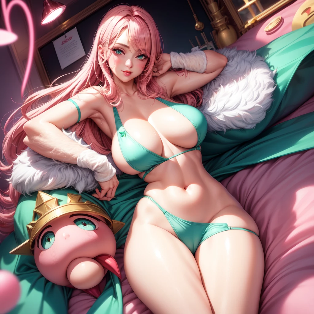 ((1 girls), solo, clevage, Big round breasts, trendy, stylish, clevage, thighs, hips, realistic, pink hair, blonde hair, light green eyes, lip gloss, detailed face, amazing big eyes, eye details, big lips, eyebrow details, blush, smirk, naughty, mischevious face, HD, good quality, bedroom, white towel