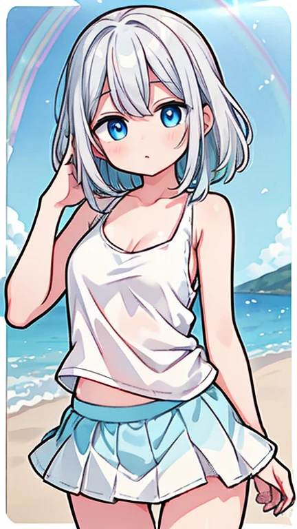 Enjoying the morning sun on the beach、(water colour,tegaki:1.4),(soft pastel colors:1.3),(Platinum hair:1.3),( blue colored eyes:1.1),break,,(pastel white rainbow color palette:1.3),(pastel rainbow tank top:1.4),(mini-skirt:1.3),(musical score:1.1)、kawaii、rough touch、detailed expression、(agers、gorgeous eyes、blue colored eyes、gray hair、curly hair、苗条、breasts small、 flegs、inner thighs、beautiful fur、perfect fingertips、8 heads、look away、during、loli、hypdertailed