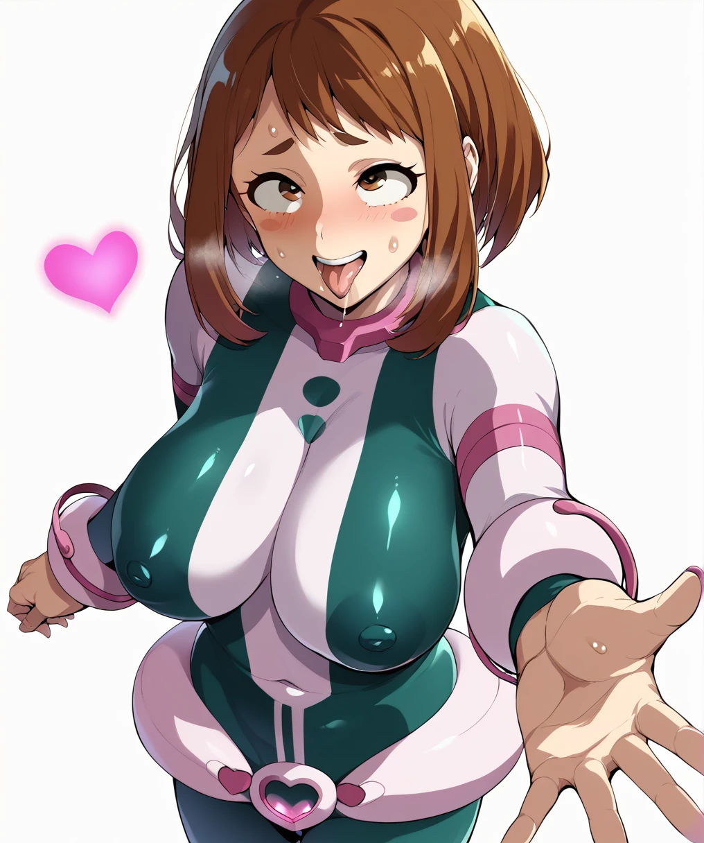 Blowjob、Ochako Uraraka, brown eyes, brown hair, short hair, blush, blush stickers,bodysuit, skin tight, superhero,、ahegao、smile、Ultra-detailed illustrations、Ultra-precise expression、masterpiece、Highest quality、ultra High resolution、High resolution、Hiromitsu Takeda Style、White background、Simple Background、whole body、One girl、solo、White Breath、Sweat、Glowing Skin、shiny skin、Front angle、View your viewers、stand、Big Breasts、Heart decoration、