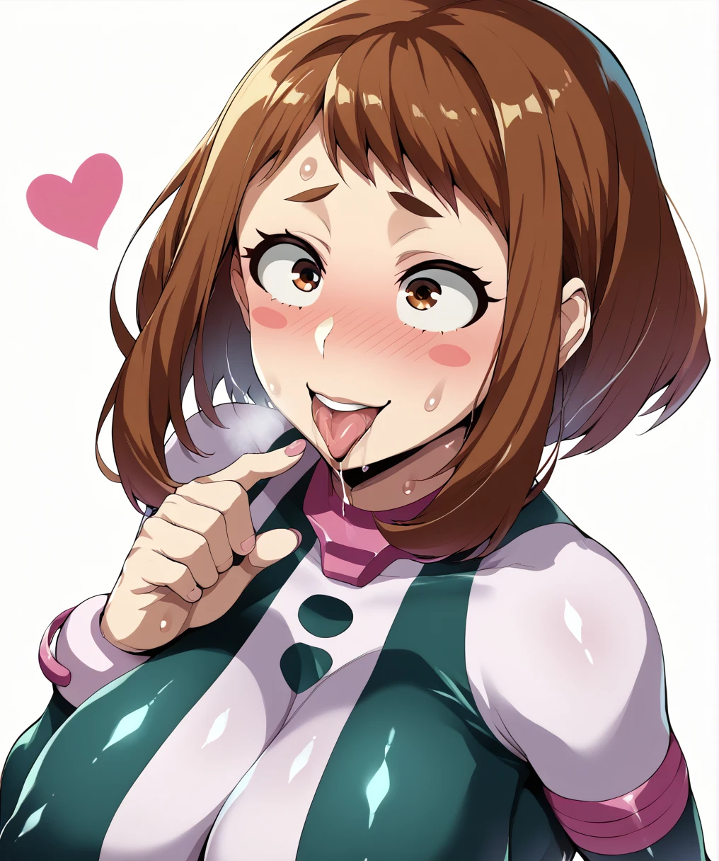 Blowjob、Ochako Uraraka, brown eyes, brown hair, short hair, blush, blush stickers,bodysuit, skin tight, superhero,、ahegao、smile、Ultra-detailed illustrations、Ultra-precise expression、masterpiece、Highest quality、ultra High resolution、High resolution、Hiromitsu Takeda Style、White background、Simple Background、whole body、One girl、solo、White Breath、Sweat、Glowing Skin、shiny skin、Front angle、View your viewers、stand、Big Breasts、Heart decoration、