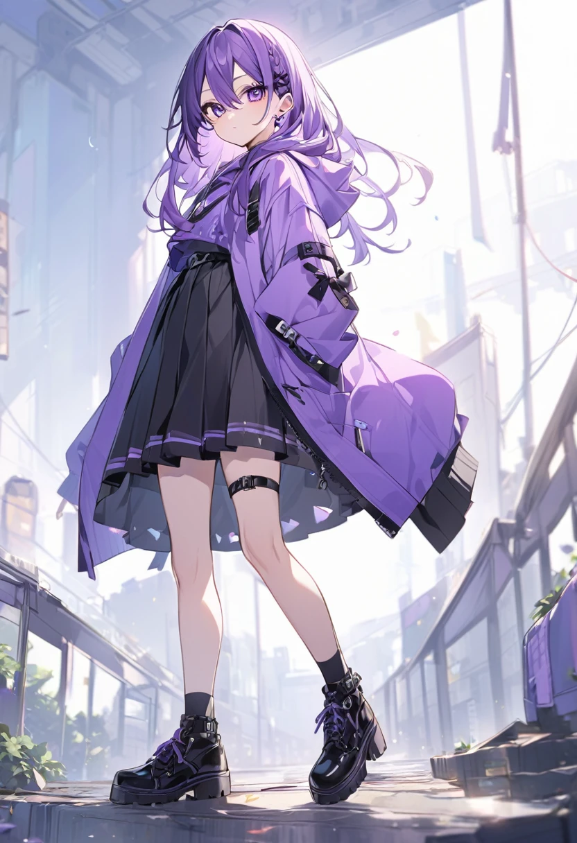 Keito。Purple Eyes。Purple Hair。Purple Skirt。Black shoes下。Black shoes。Purple hoodie