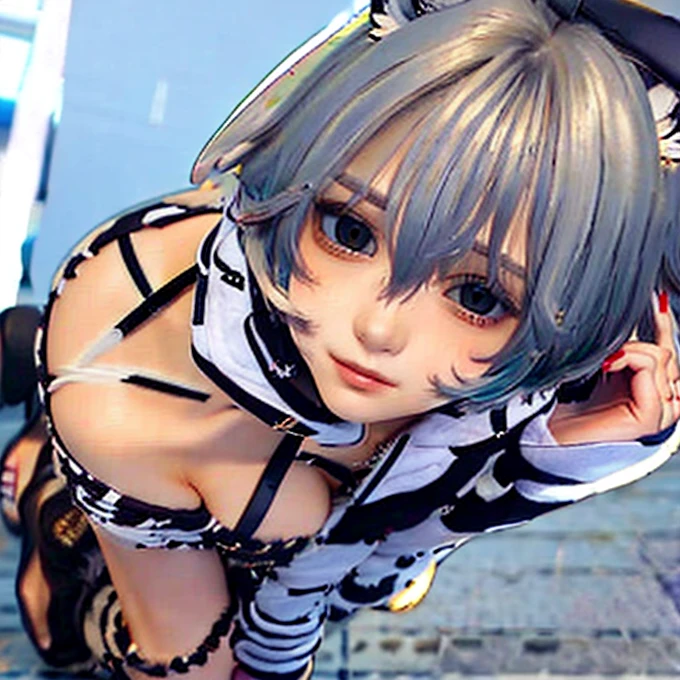 White-haired beautiful girl、Animal Ears、Sadistic smile、gravure、Big Breasts、cute、Low - Angle、condescending、whole body、front、valley、Bare legs、Character portrait、Alone