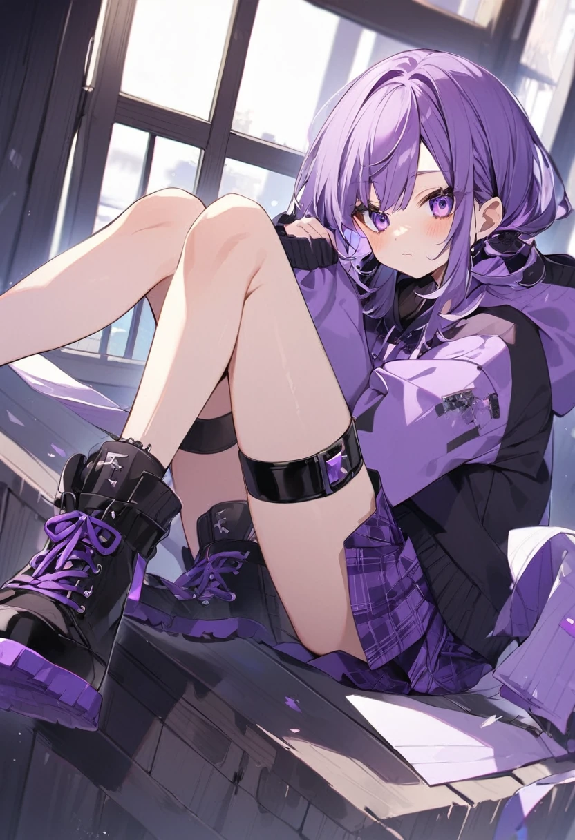 Keito。Purple Eyes。Purple Hair。Purple Skirt。Black shoes下。Black shoes。Purple hoodie