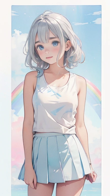 Enjoying the morning sun on the beach、(water colour,tegaki:1.4),(soft pastel colors:1.3),(Platinum hair:1.3),( blue colored eyes:1.1),break,,(pastel white rainbow color palette:1.3),(pastel rainbow tank top:1.4),(mini-skirt:1.3),(musical score:1.1)、kawaii、rough touch、detailed expression、(agers、gorgeous eyes、blue colored eyes、gray hair、curly hair、苗条、breasts small、 flegs、inner thighs、beautiful fur、perfect fingertips、8 heads、look away、during、loli、hypdertailed